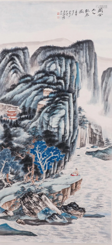 A CHINESE VERTICAL WATERFALL PAINTING SCROLL