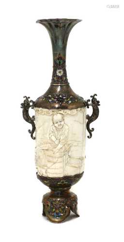 A Japanese silver and ivory vase,