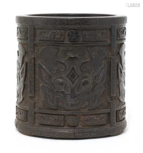 A Chinese wood brush pot,