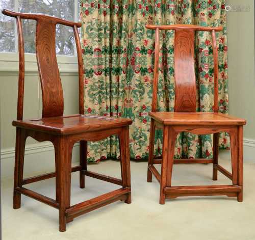 A pair of Chinese elm yoke-back side chairs,