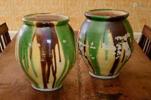 A large pair of Continental glazed stoneware pots,