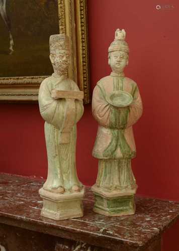 A pair of Chinese Tang dynasty glazed terracotta burial figu...