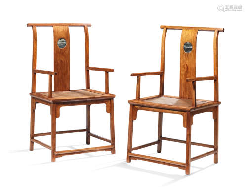 A RARE PAIR OF HUANGHUALI MARBLE-INSET HIGH-BACK ARMCHAIRS, ...