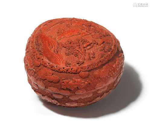 A FINELY-CARVED CINNABAR LACQUER PEACH-SHAPED BOX AND COVER ...