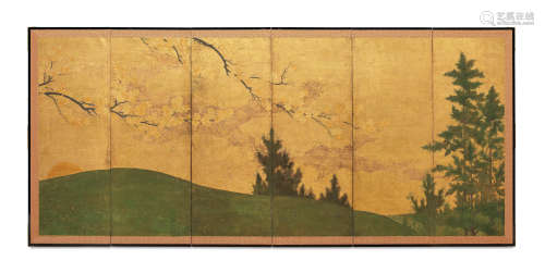 ANONYMOUS Cedars and Maple at Sunset, Edo Period (1615-1868)...