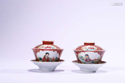 A Pair of Covered Tea cups, Qing Dynasty or Later