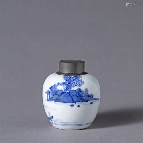 A Blue and White Landscape Tea Jar, Qing Dynasty