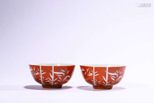 A Pair of Coral Red Glazed Reserved ”Bamboo“ Bowl, Tongzhi M...