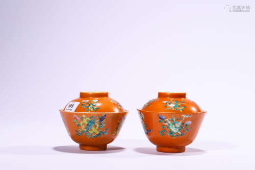 A Pair of Coral Ground Famille Rose Covered Teabowls, Republ...