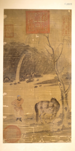 A FRAMED CHINESE SILK PAINTING BY EMPRESS DOWAGER CIXI