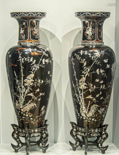 CARVED LACQUER SHELL INLAY VASE
