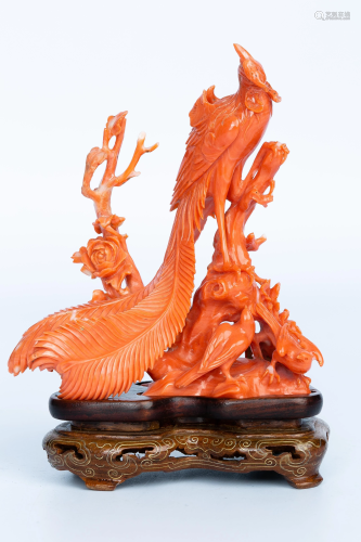 CARVED CORAL PHOENIX STATUE