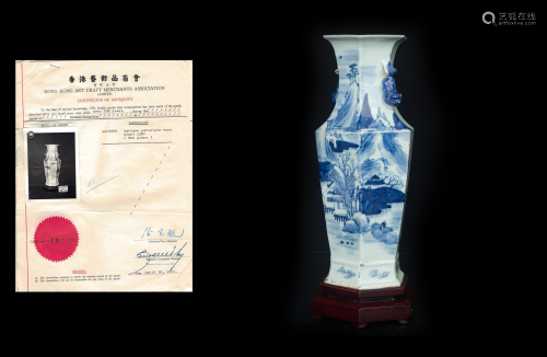 EARLY QING BLUE WHITE HEXAGON VASE WITH CERTIFICATE