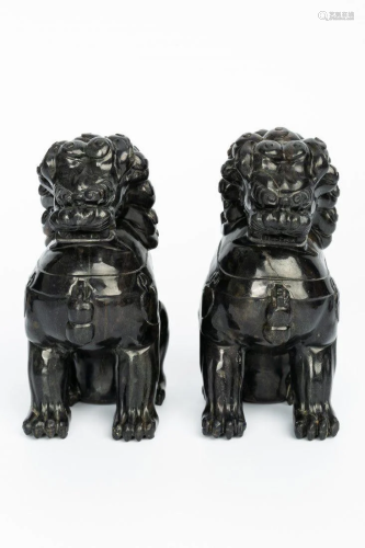 A PAIR OF 19TH CENTURY LAPIS LAZULI STONE LIONS