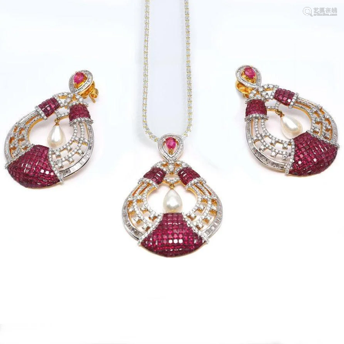 14 K Yellow Gold Diamond, Ruby & Pearl Earrings-Pendant