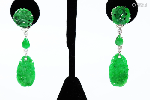 Chinese Natural Jadeite Diamond 14K Drop Earrings