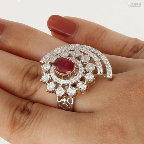 14 K White & Rose Gold Ruby (GIA Cert.) & Diamond Ring