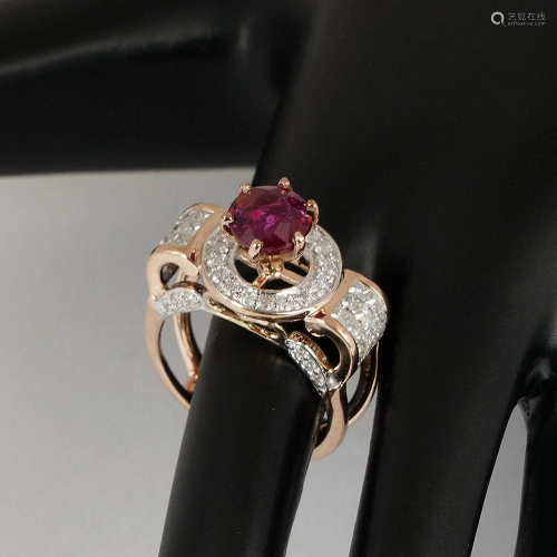 14 K Rose Gold Ruby (GIA Cert.) & Diamond Ring