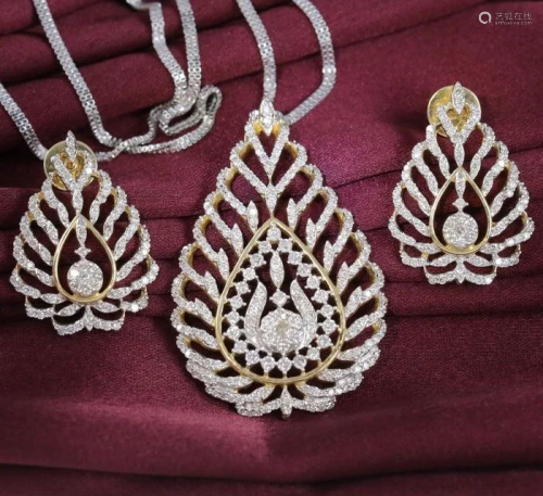 14 K Yellow Gold Leaf Shape Diamond Pendant & Earrings