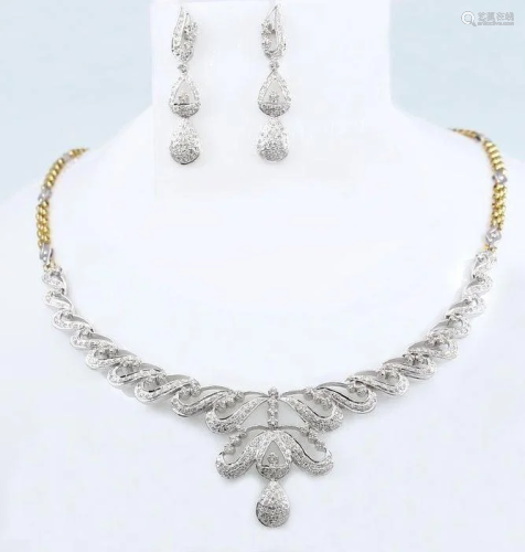 14 K White & Yellow Gold Diamond Necklace with Earrings