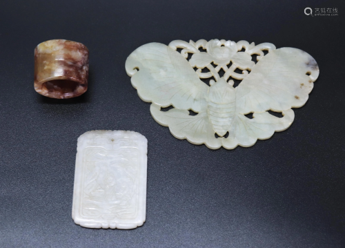 3 Chinese Jade or Hard Stones; 2 Plaques, Ring