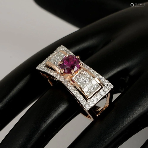 14 K Rose Gold Designer Ruby (GIA Cert.) & Diamond Ring
