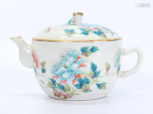 Chinese 19 C Peony Enameled Porcelain Teapot