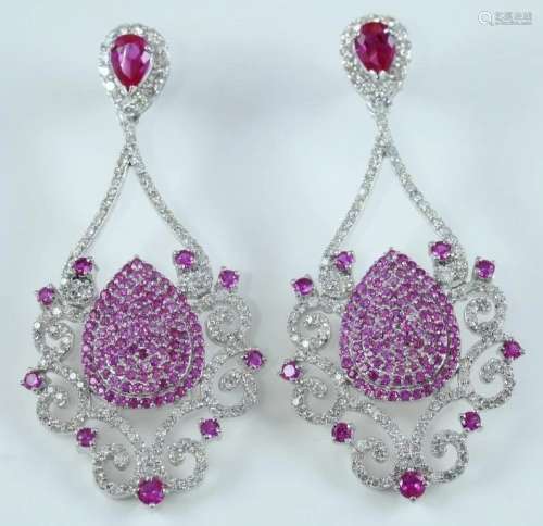 14 K White Gold Diamond & Ruby Chandelier Earrings