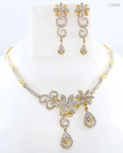 14 K Yellow Gold Diamond Necklace & Chandelier Earrings