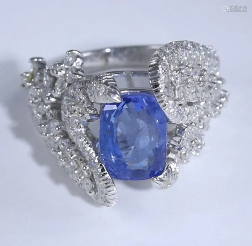 14 K White Gold Blue Sapphire (IGI Cert) & Diamond Ring