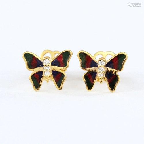 14 K / 585 Yellow Gold Diamond Studs with Enamel