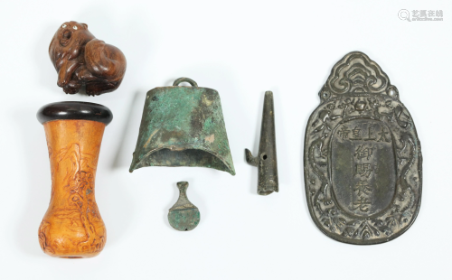 Chinese Bronze Dragon Plaque, Bell, Gourd, Netsuke
