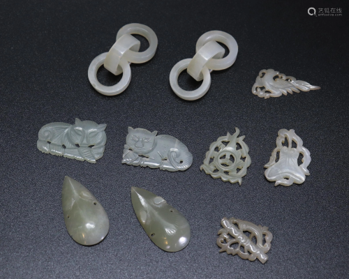 10 Chinese 19C Carved White Jade Earrings & Jewels