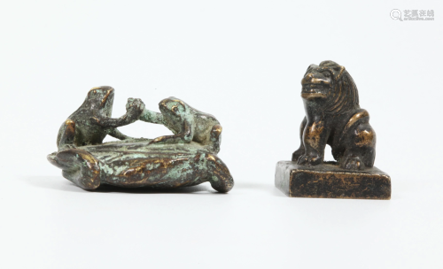 Chinese Bronze Animal Seal; 2 Frog Lotus Toggle