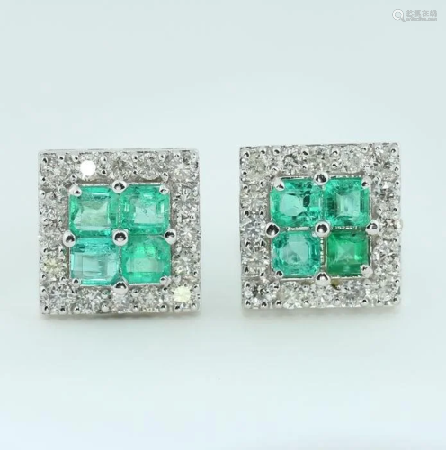 14 K White Gold IGI Cert. Diamond & Emerald Earrings
