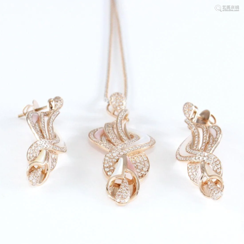 14K Rose Gold Diamond & MOP Pendant Necklace & Earrings