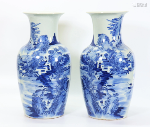Pr Chinese 19 C Blue & White Porcelain Vases