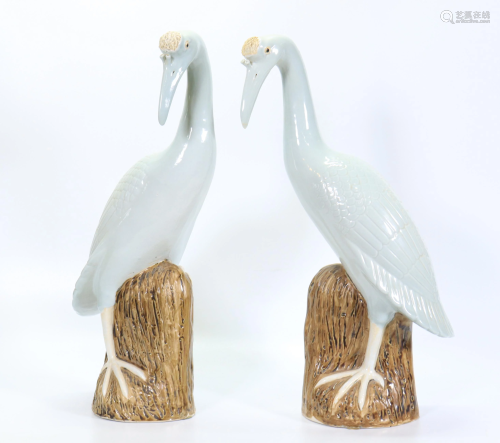 Pr Chinese Blanc de Chine Porcelain Crested Cranes