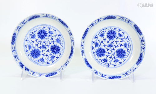 Pair Chinese Blue & White Porcelain Lotus Plates