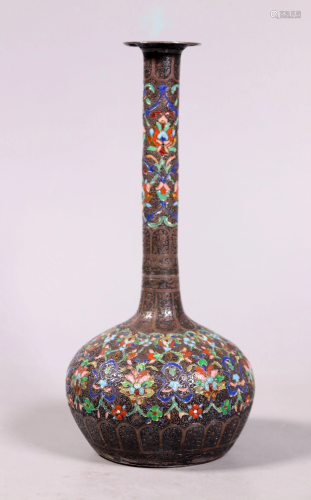 Persian Engraved Silvered Bronze & Enamel Vase