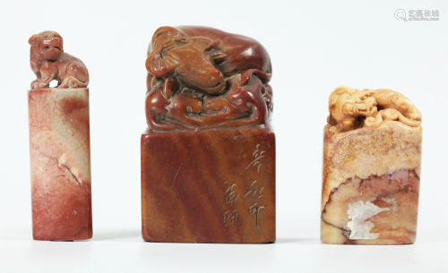 3 Chinese Russet & Cream Shoushan Soapstone Seals