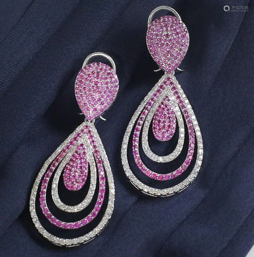 14 K White Gold IGI Cert. Long Diamond & Ruby Earrings