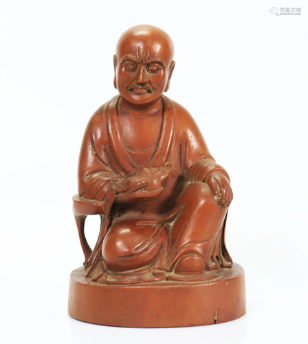 Chinese 19 C Boxwood Carving Seated Lohan & Bat