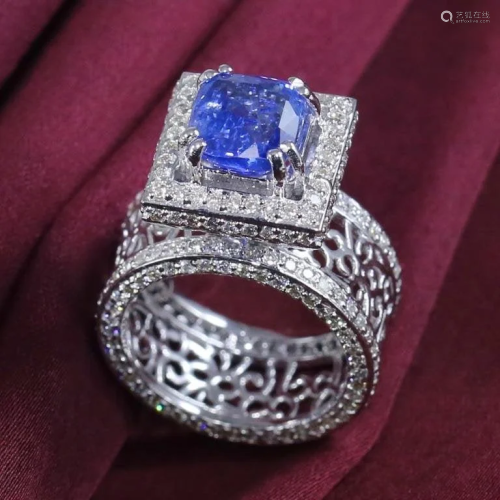 14K White Gold Blue Sapphire (IGI Cert.) & Diamond Ring