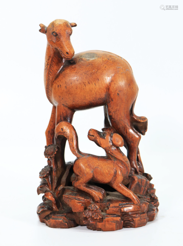 Chinese 19 C Bamboo Deer & Dog Carving