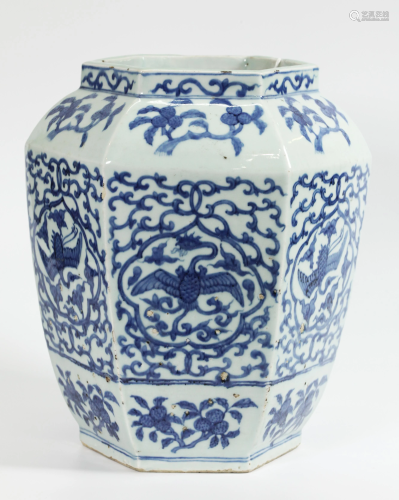 Chinese Blue & White Hexagonal Porcelain Large Jar