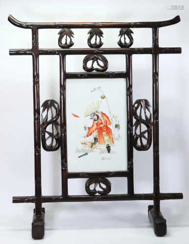 Chinese Enameled Porcelain Plaque in Wood Screen