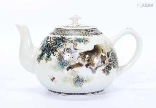 Chinese Enameled Porcelain Monkey & Bee Teapot