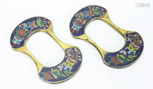 Pair Chinese Qing Bronze Cloisonne Saddle Buckles