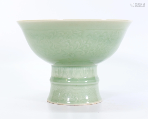 Chinese 19 C Incised Celadon Porcelain Stem Cup